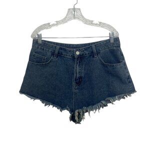 Romwe Distressed Denim Shorts XL Blue Embroidered Back Pockets Frayed Hem